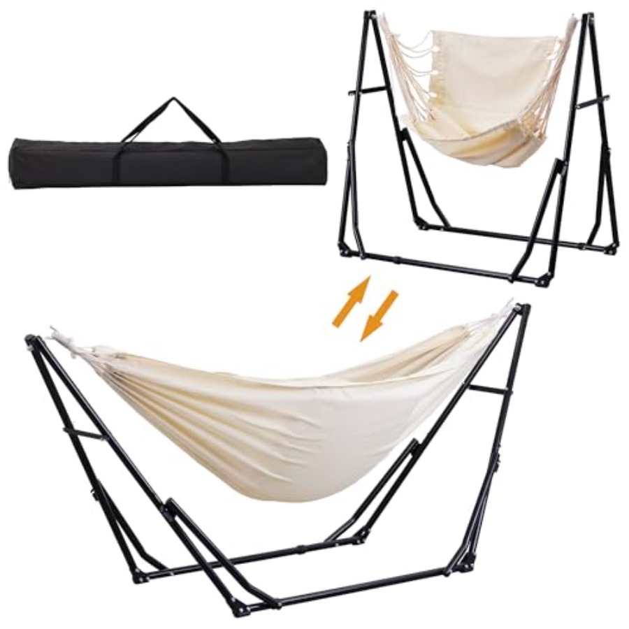 Outdoor Camping Hammock - เปลญวนแบบพกพา 2 in 1 และเก้าอี้โยกพร้อมขาตั้งพับได้ สีเบจ