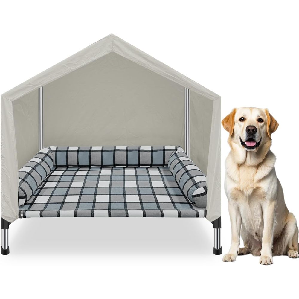 Outdoor Camping Dog Bed - บ้านนอนสัตว์เลี้ยงแบบยกพื้น - เตียงนอนสัตว์เลี้ยง 2-in-1 สำหรับใช้ในบ้านและนอกบ้าน พร้อมเบาะรองรับความเย็นแบบพกพา