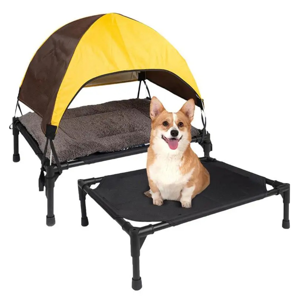 Outdoor Camping Dog Bed - เตียงสุนัขยกพื้นสำหรับกลางแจ้ง, เตียงสัตว์เลี้ยงพับได้พร้อมหลังคาถอดออกได้, เตียงสุนัขระบายอากาศได้ เหมาะสำหรับการตั้งแคมป์