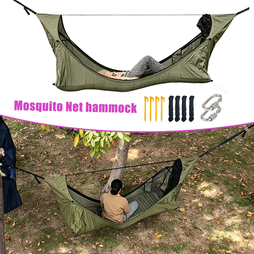Outdoor Camping Hammock - เปลญวนแบบแบนพร้อมมุ้งกันยุง เต็นท์แคมป์ปิ้งกลางแจ้ง ป้องกันการพลิกคว่ำ กันน้ำ พร้อมแผ่นรองกันฝนและฉนวน ติดตั้งง่าย