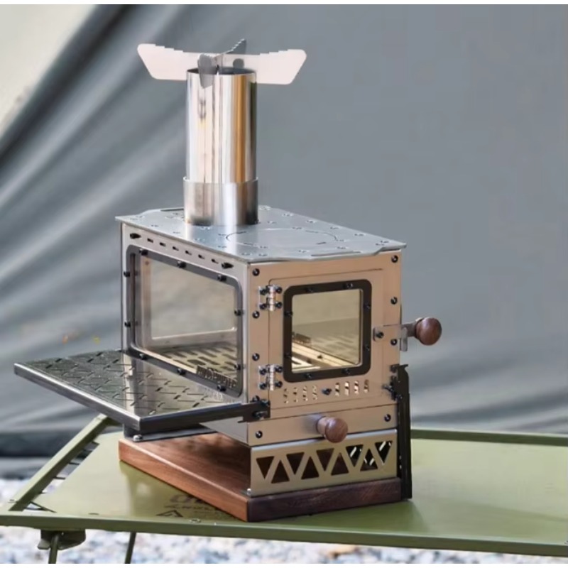 Outdoor Camping Fireplace - เตาไม้สแตนเลสขนาดเล็กพกพาสำหรับตั้งแคมป์กลางแจ้ง เตาผิงตั้งโต๊ะสำหรับให้ความร้อนในเต็นท์ ปิกนิก ใช้บนโต๊ะทำงาน ใช้ถ่าน